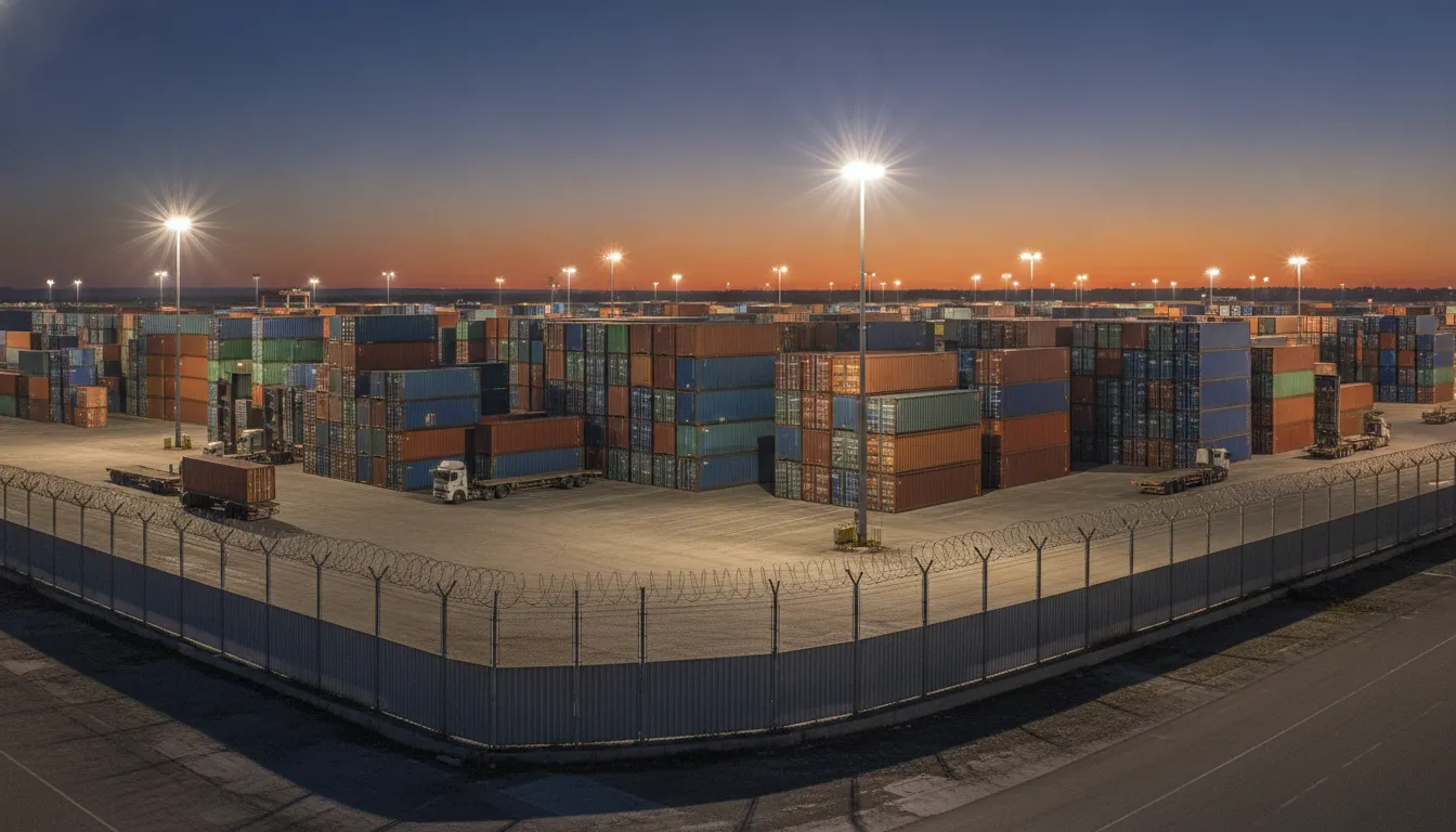 Layered shipping container security in an industrial cargo yard