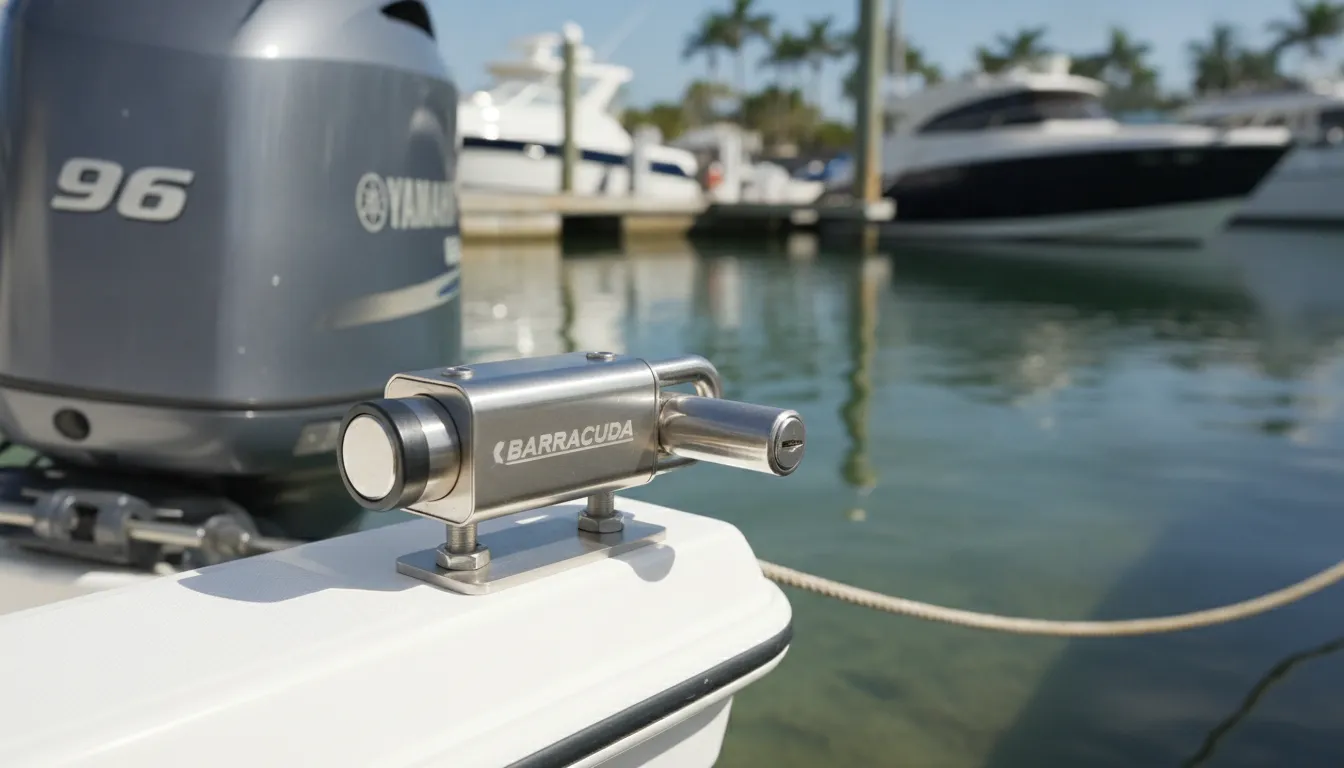 BARRACUDA outboard motor lock installed on boat transom securing clamp screws with hardened steel casing