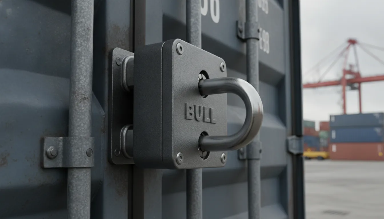 BULL shipping container lock mounted on a cargo container door with hardened steel body and edge-to-edge design