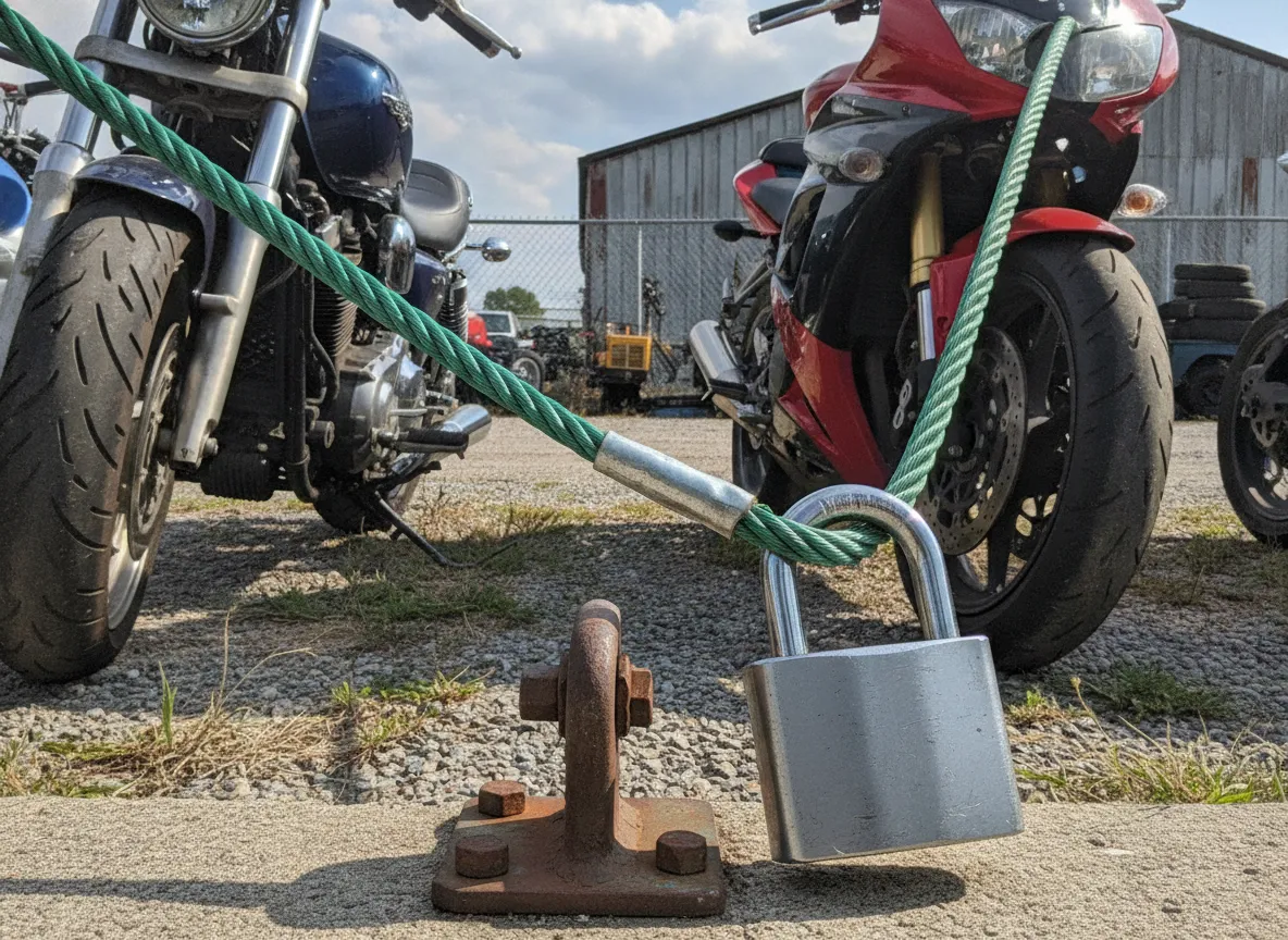 Vinyl-coated security cable threaded through the frames of two motorcycles in storage