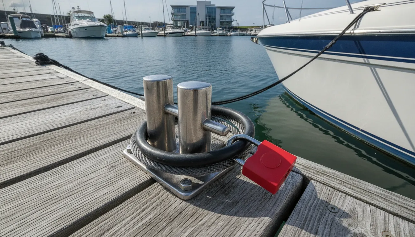 Weather-resistant dock lock cable routed around a strong cleat
