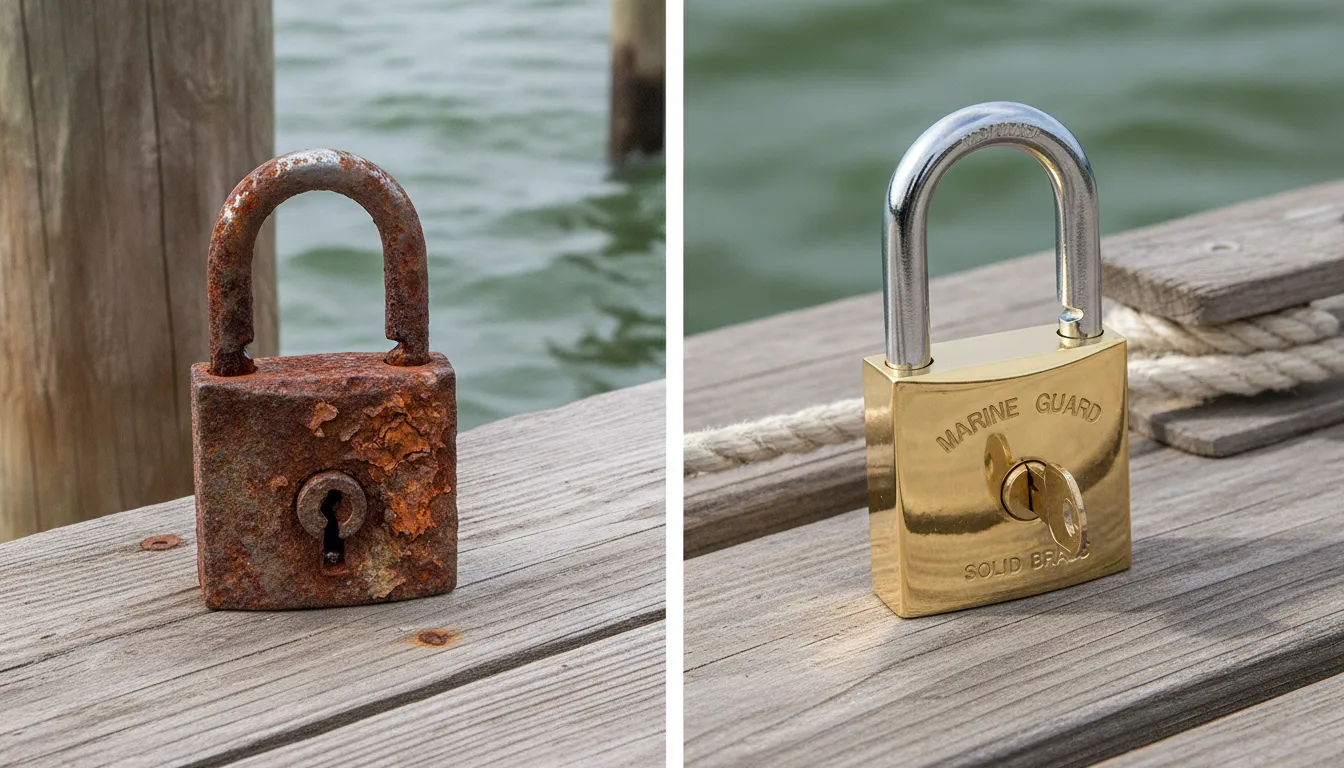 Comparison of a rusty seized standard steel padlock next to a polished brass marine grade padlock
