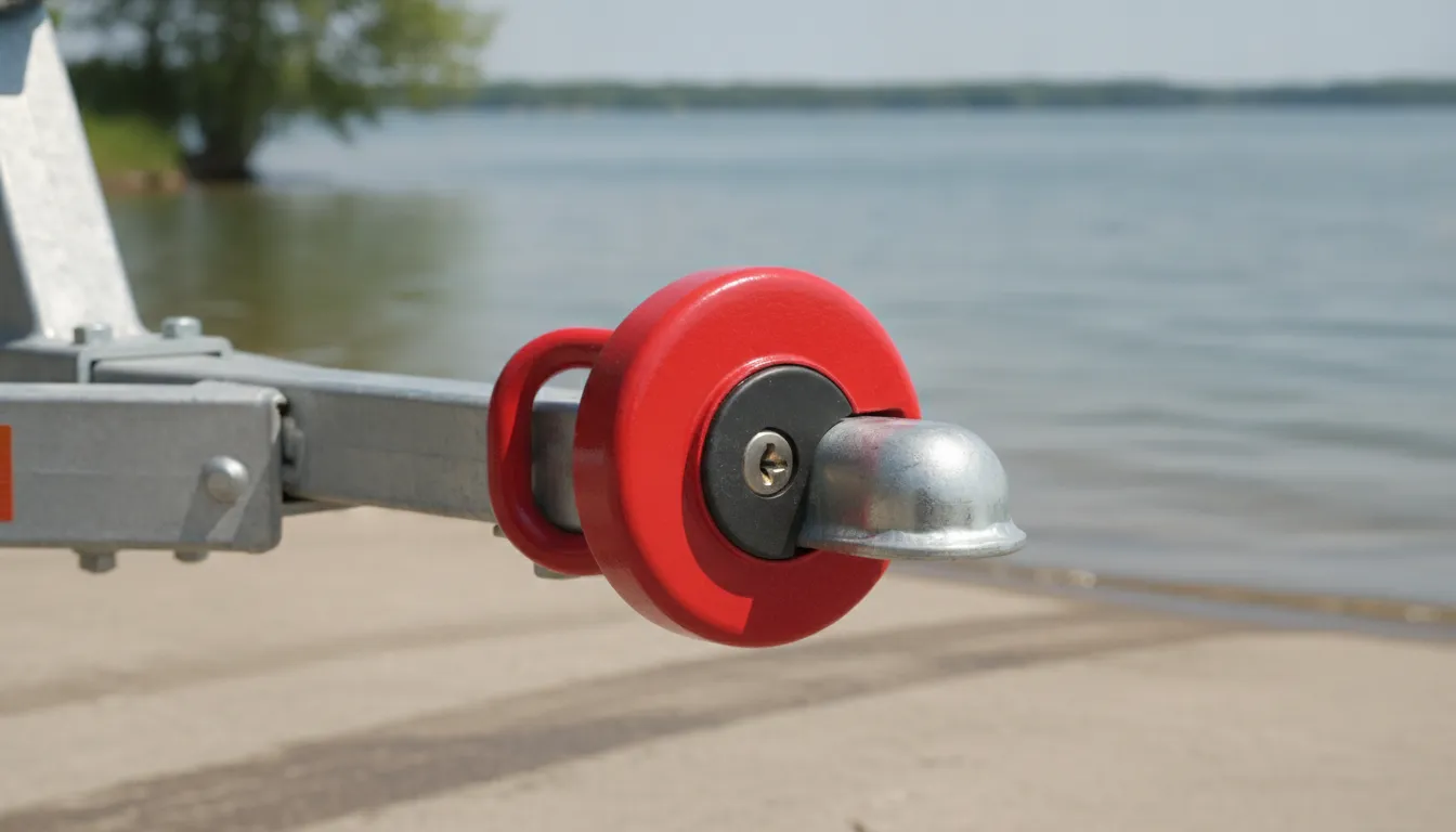 Red heavy-duty trailer coupler lock installed on a boat trailer tongue at a boat ramp