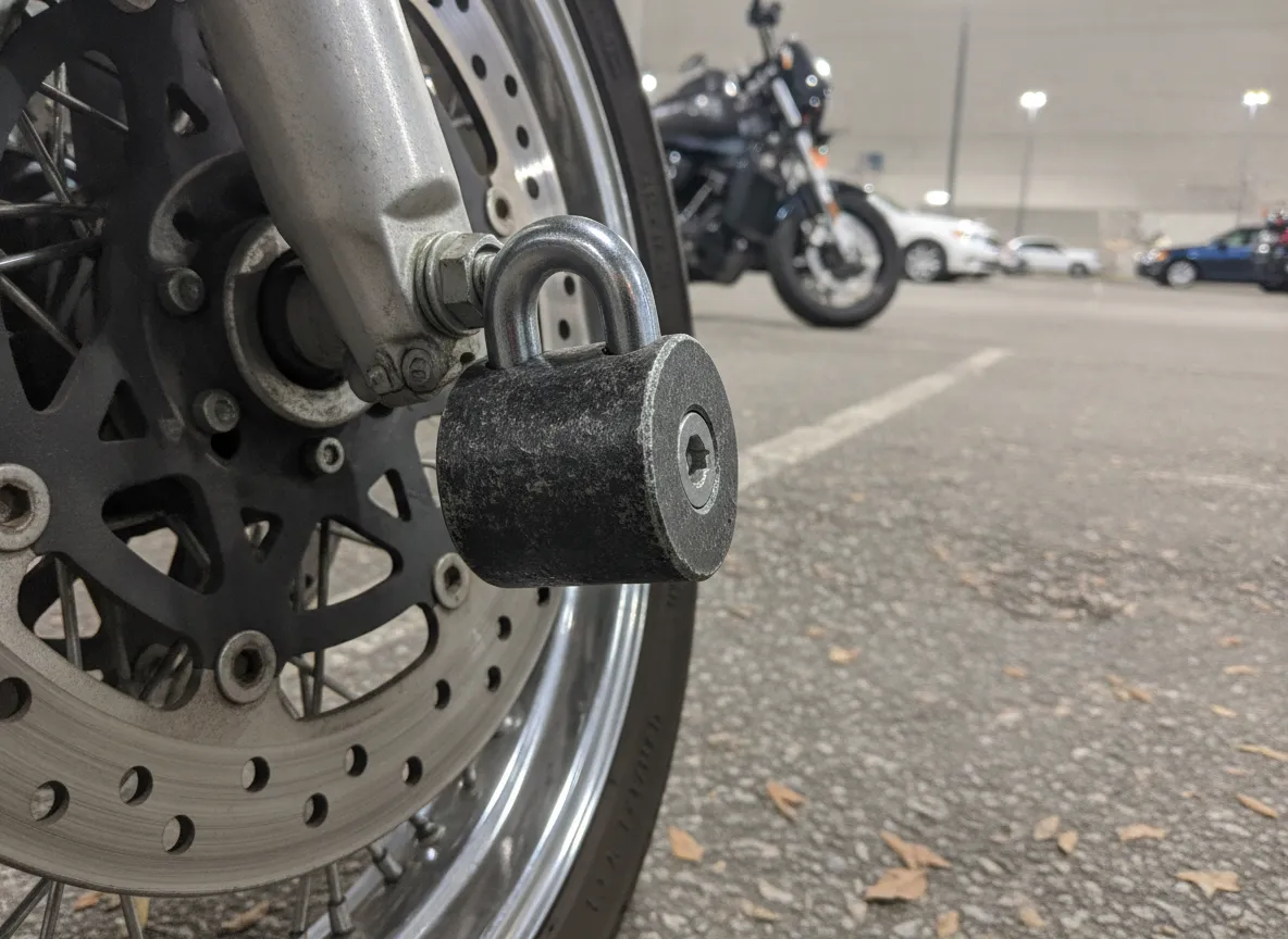 Hardened steel disc lock secured through a motorcycle brake rotor in a parking lot