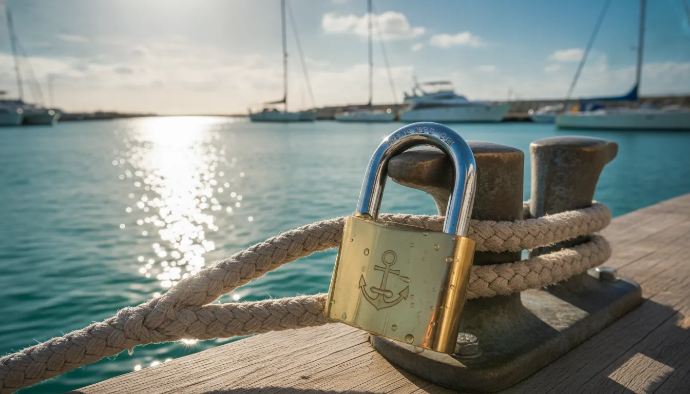 OSPREY brass marine grade padlock securing a boat to a dock cleat in a harbor setting