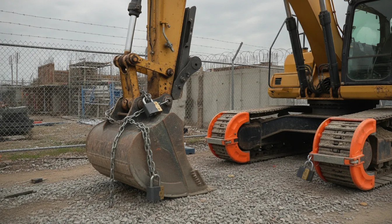 Immobilized construction equipment secured against jobsite theft