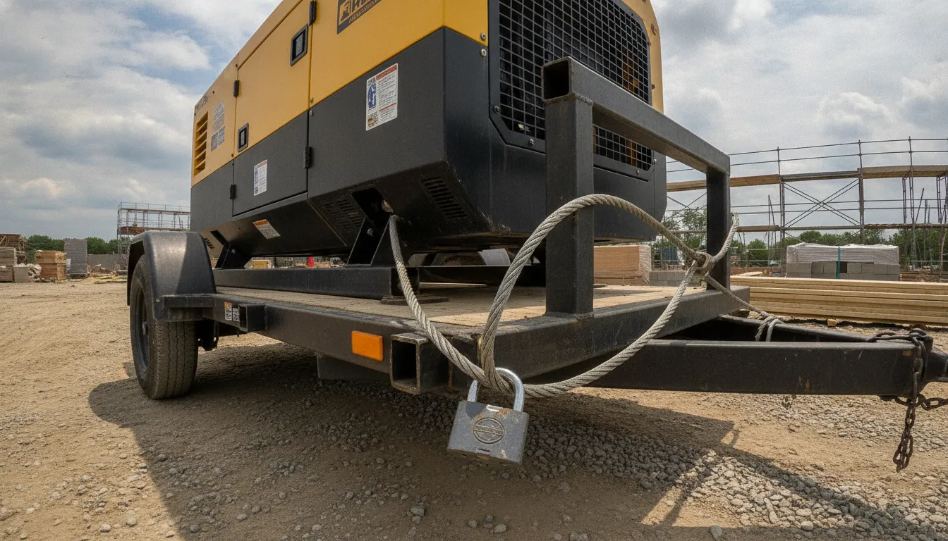 Portable generator theft prevention setup with a secure cable and fixed jobsite anchor