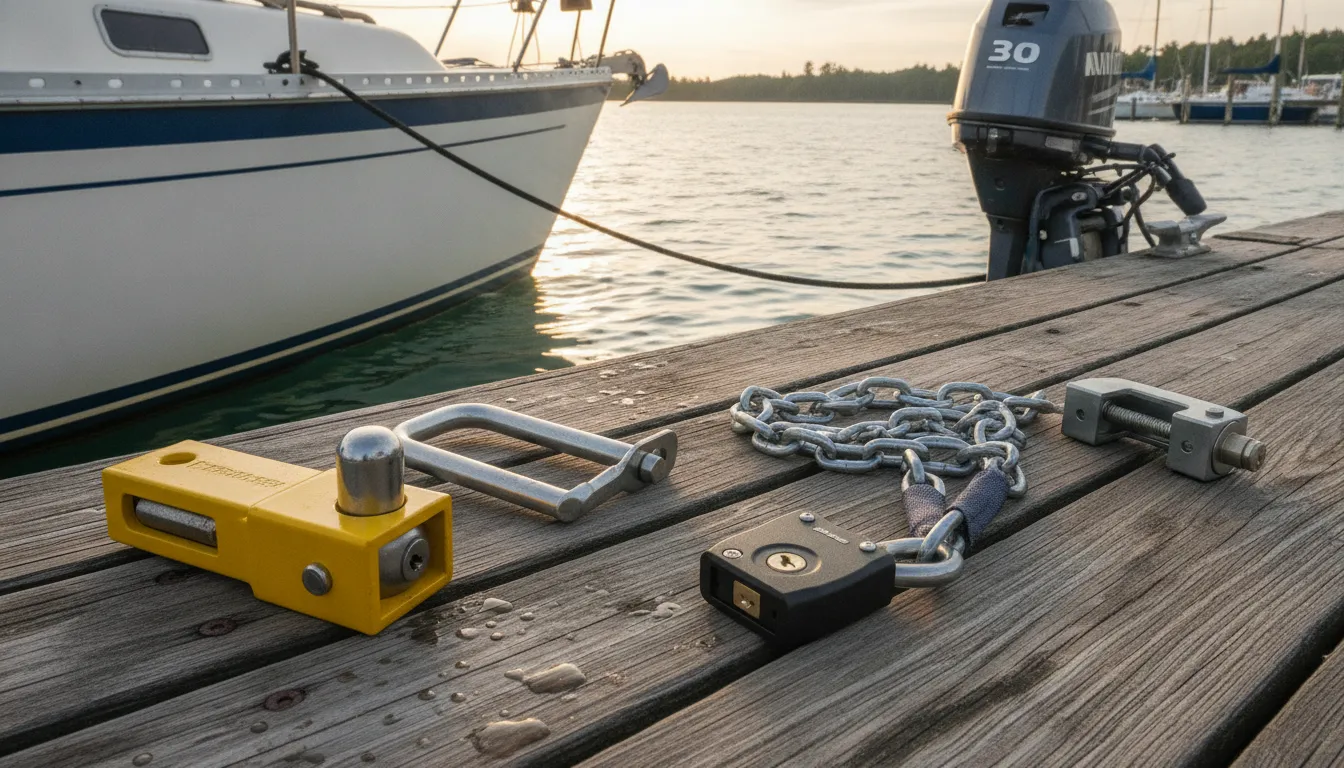 Four types of trailer security locks arranged on a dock next to a boat
