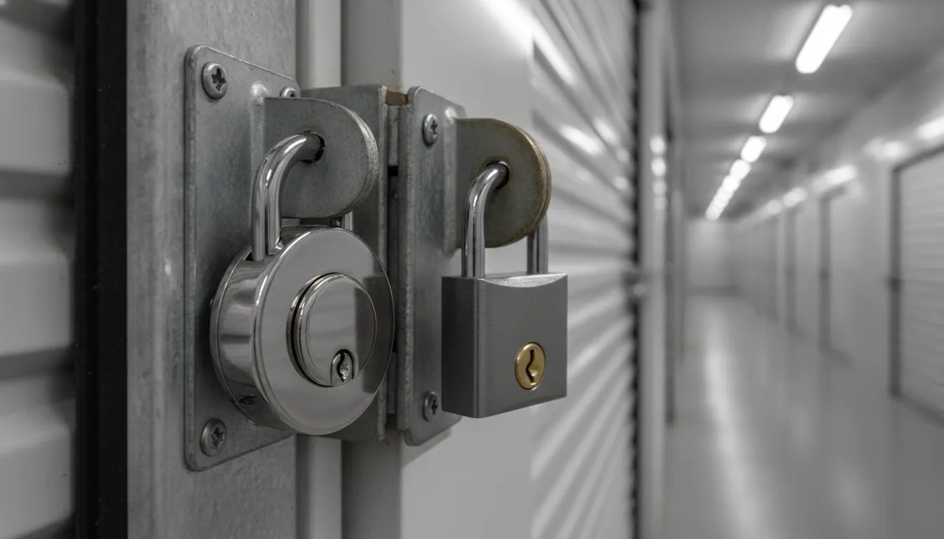 Discus lock and conventional padlock compared beside a storage unit latch
