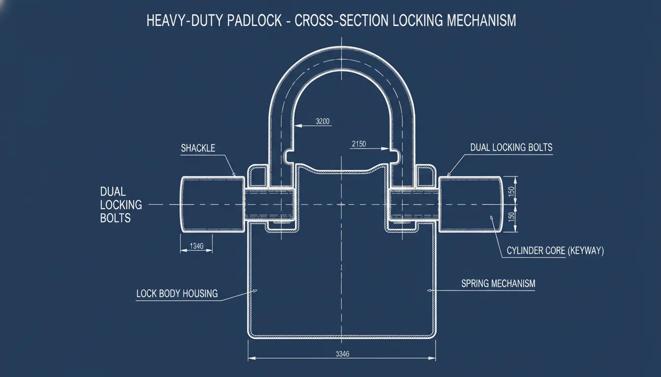 Cross-section diagram of edge-to-edge dual locking mechanism inside a heavy duty padlock