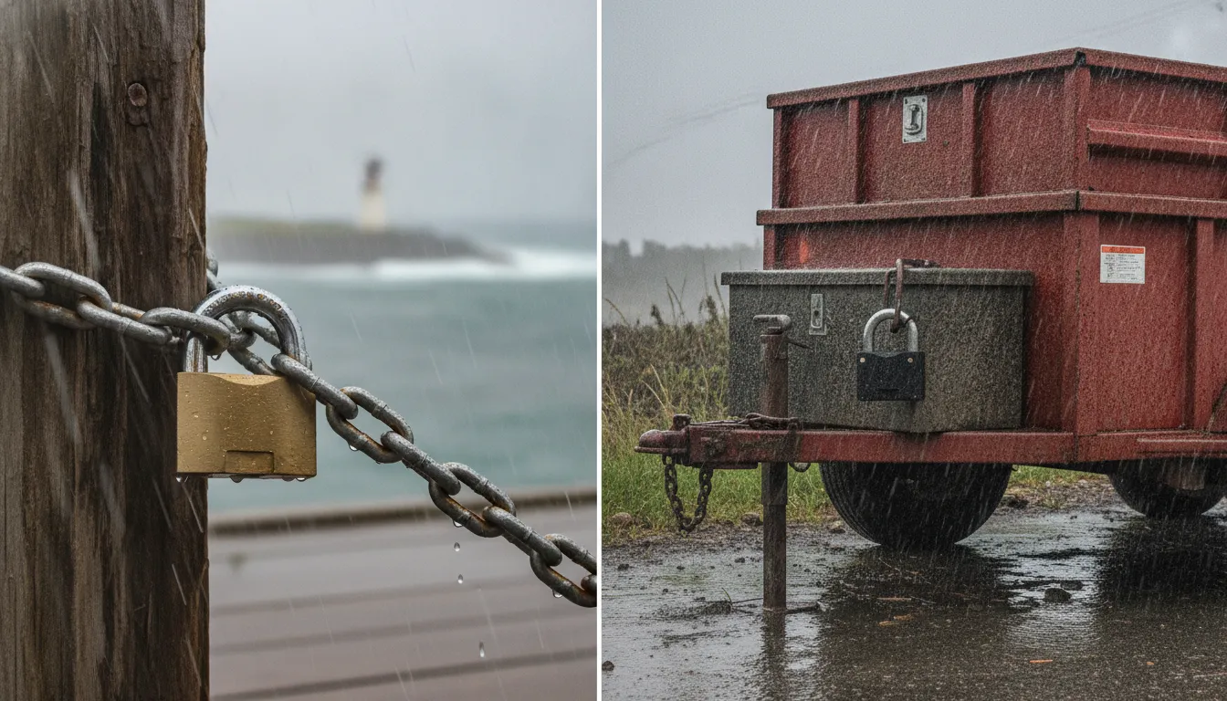 Weatherproof padlocks protecting outdoor marine and trailer equipment
