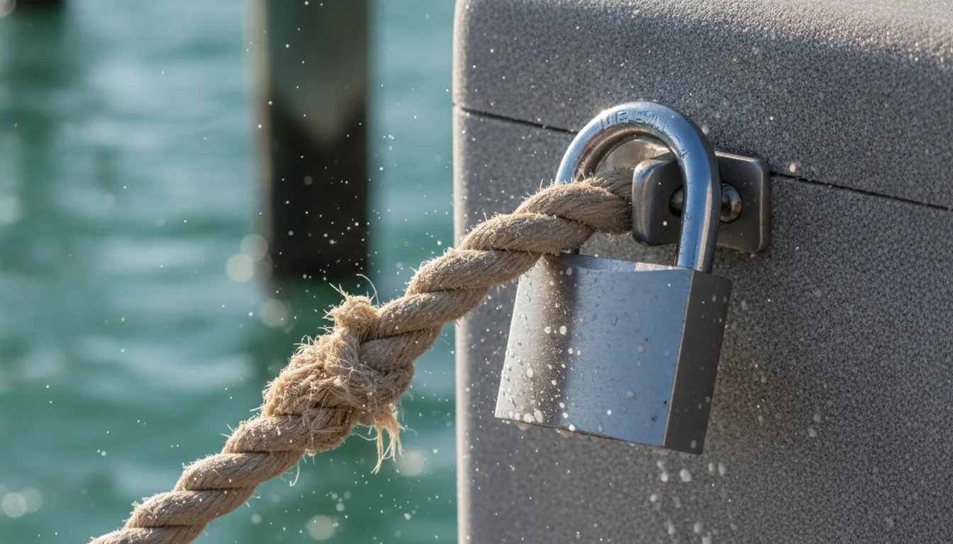 Marine grade padlock securing a dock box near saltwater