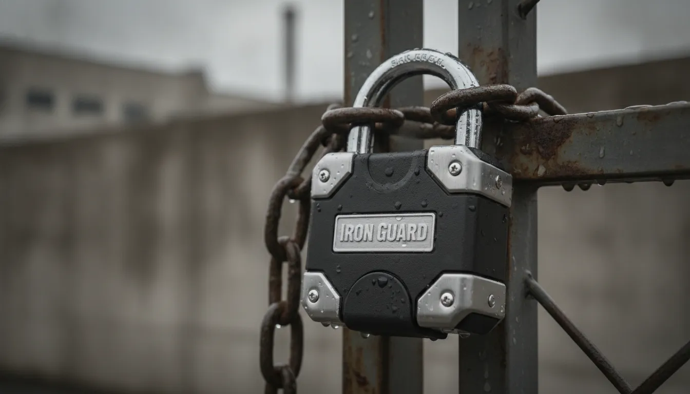 Heavy duty padlock secured on a steel outdoor gate in a jobsite setting