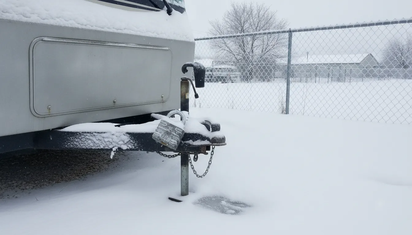 RV trailer secured with a heavy padlock on its coupler in a winter storage yard