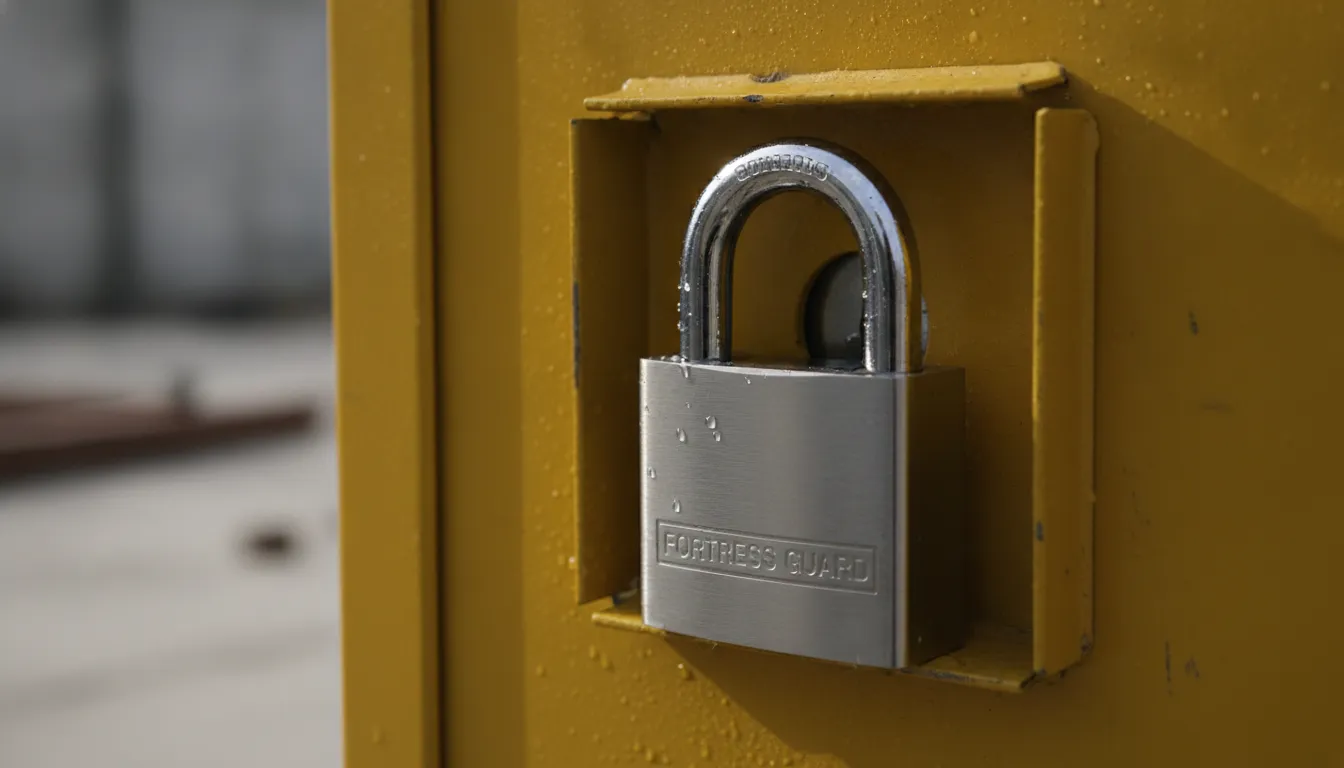 A heavy-duty steel padlock locked securely inside the recessed lock pocket of a yellow steel jobsite box