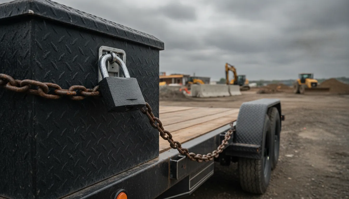 Hardened padlock securing a steel toolbox chained in a truck bed on a construction site
