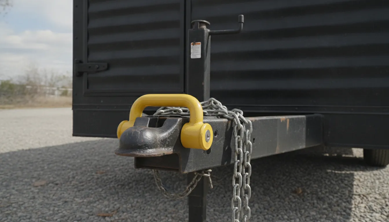 DoubleLock heavy duty coupler lock installed on an enclosed trailer tongue