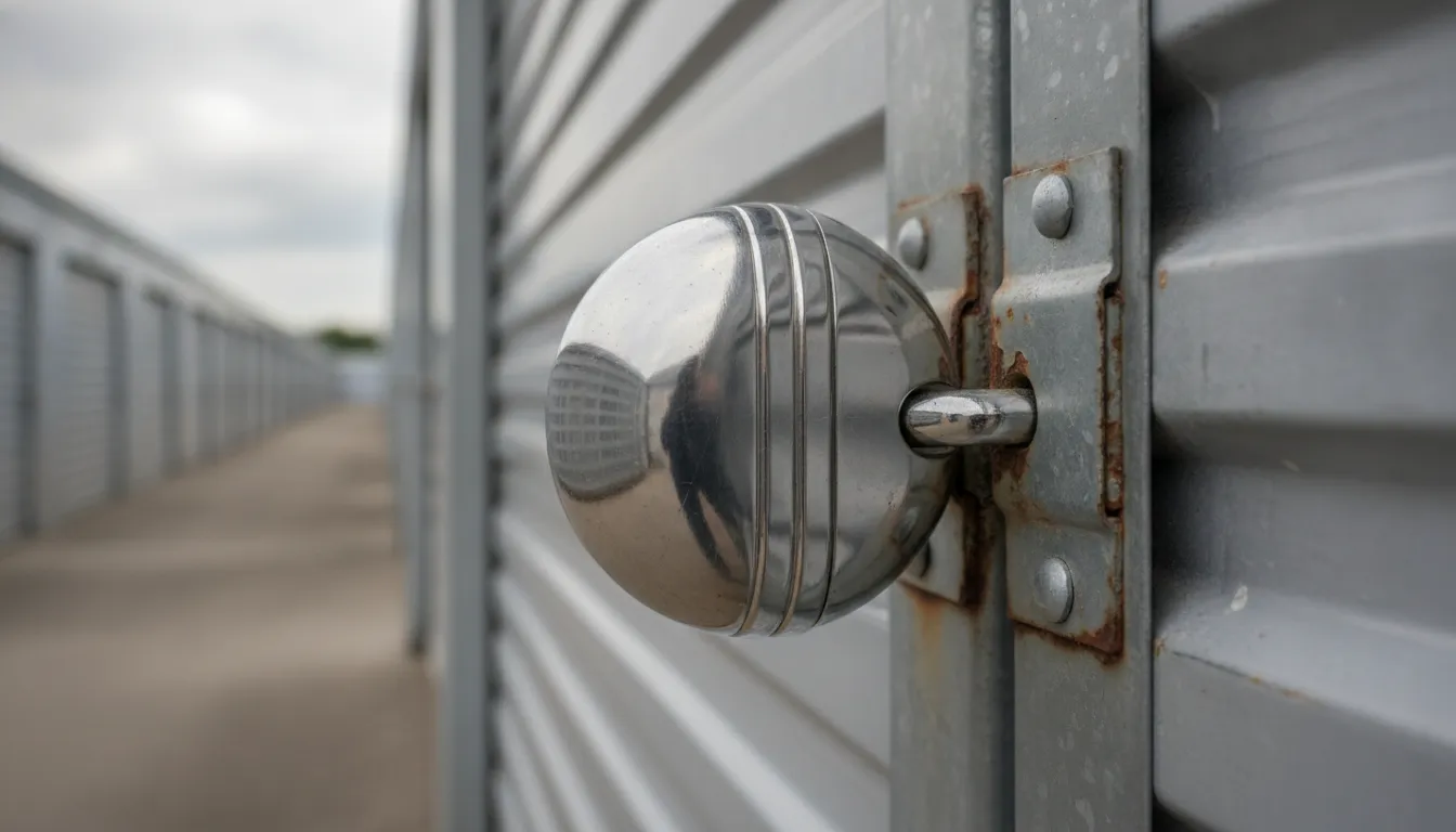 Close-up of a stainless steel discus lock on a storage unit latch showing the shrouded shackle design