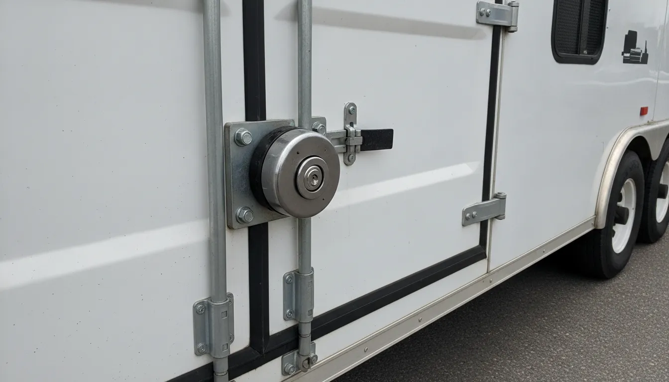 DoubleLock heavy duty shrouded puck lock protecting the rear barn doors of a tool trailer