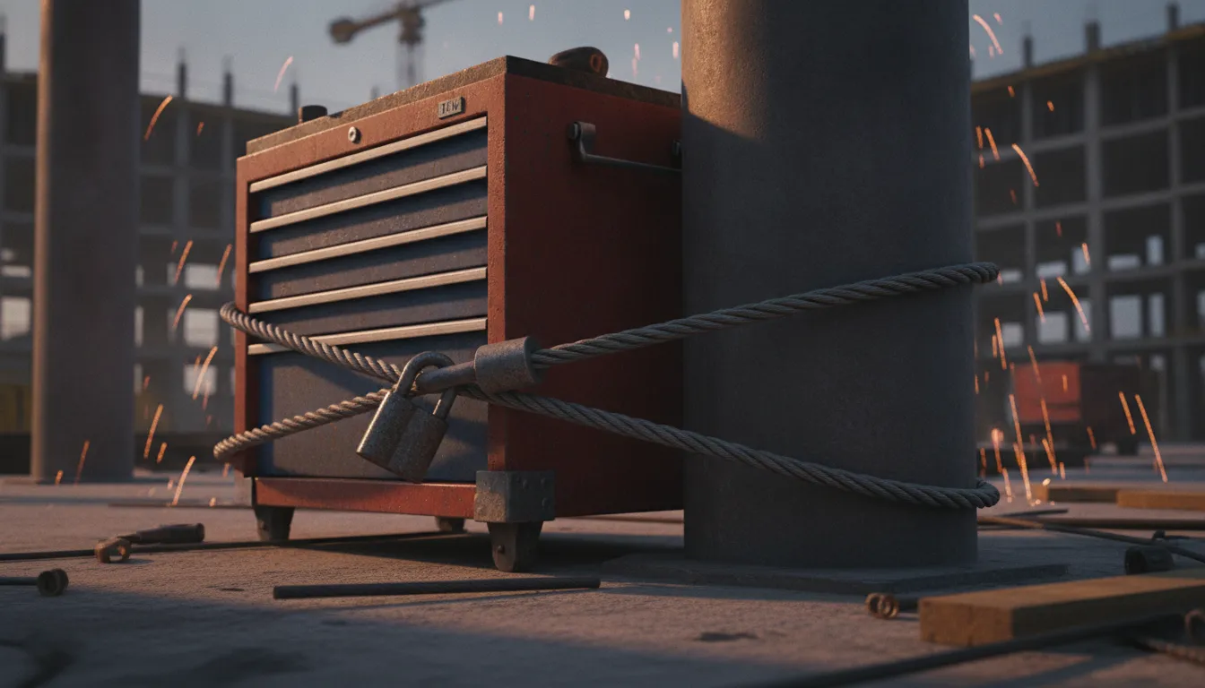 A heavy-duty steel security cable anchoring a jobsite tool chest to a steel pillar
