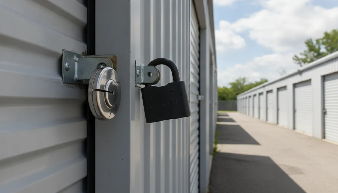 Discus lock and heavy padlock side by side on a metal storage door