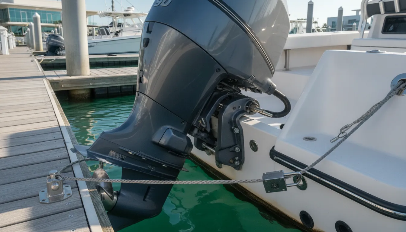 outboard motor lock protecting transom mounting hardware