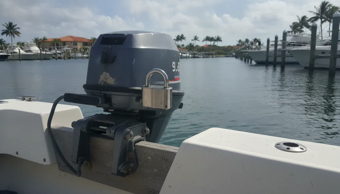 Marine security lock placed on an outboard motor at a marina