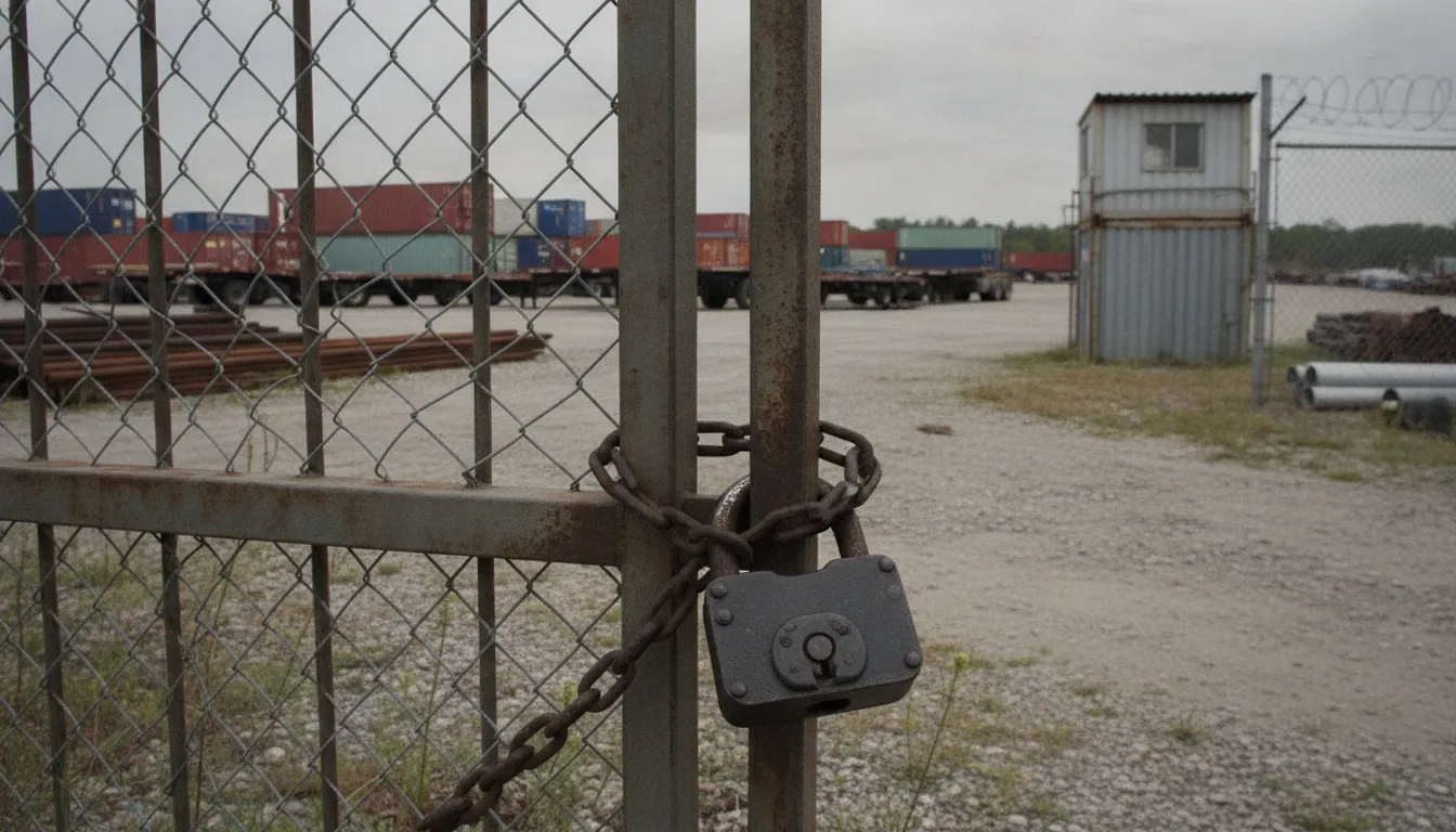 Heavy duty padlock securing an outdoor equipment yard