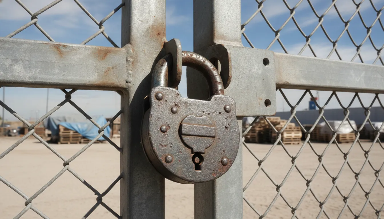 Heavy duty padlock fitted closely to an outdoor steel gate