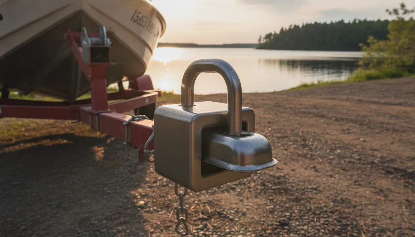Trailer coupler lock fitted to a utility trailer tongue