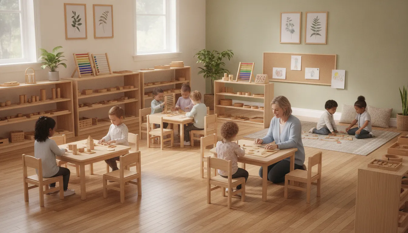 Montessori-inspired harrison nj daycare classroom with children exploring learning materials