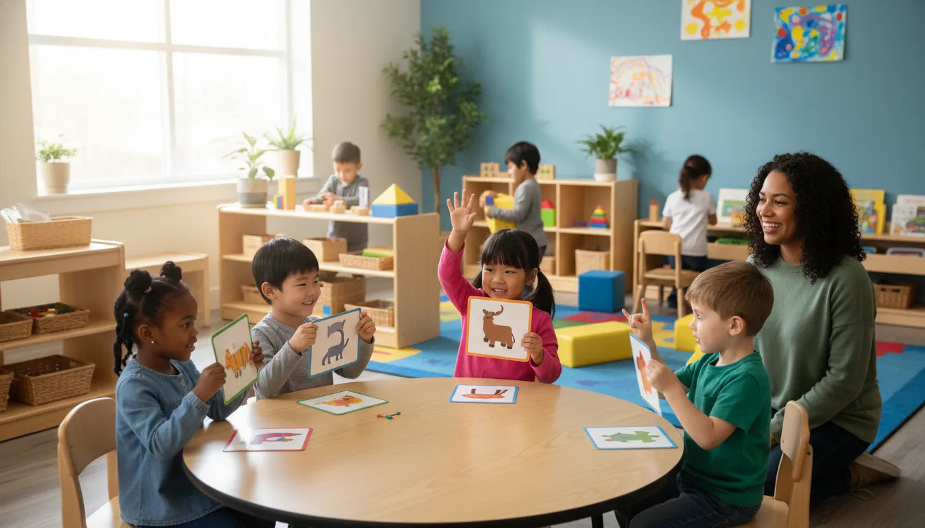 Teacher guiding children in a bilingual preschool classroom at Cresthill Academy