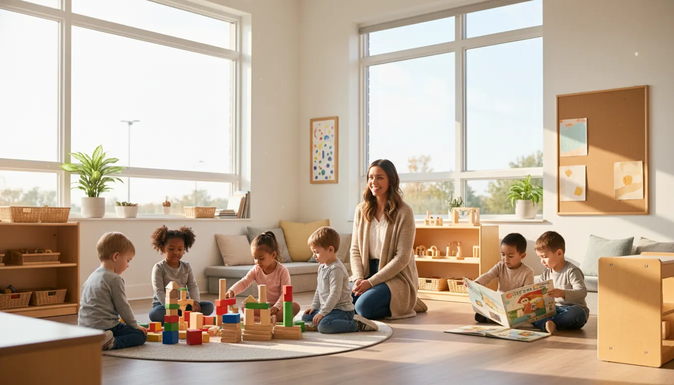 Preschool Paramus NJ classroom with teacher guiding hands-on curriculum activities