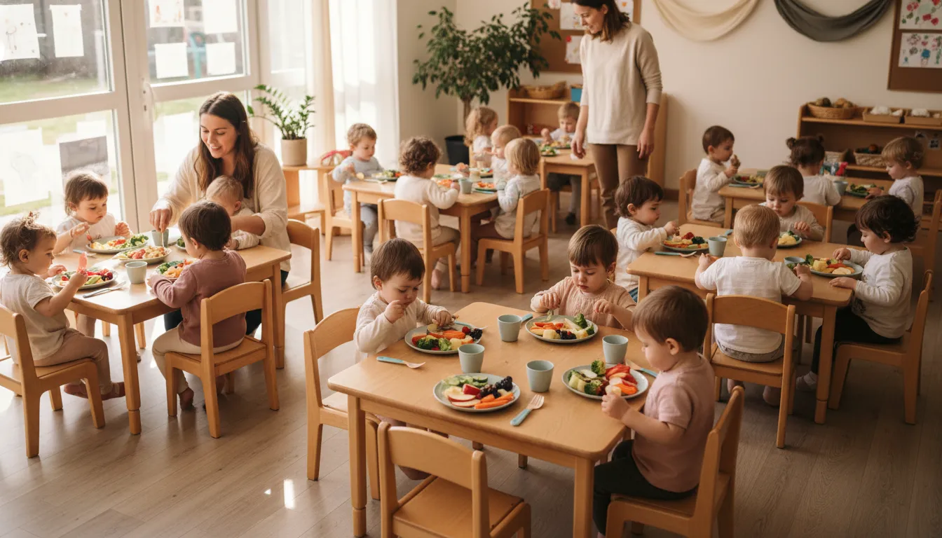 Organic daycare meals with fresh fruit and vegetables in an early childhood classroom