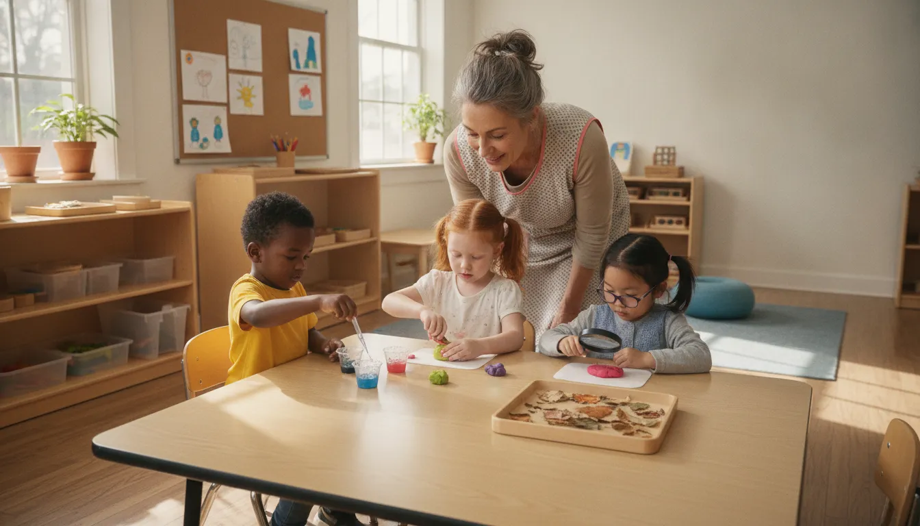 Teacher leading children in a hands-on premium daycare learning activity