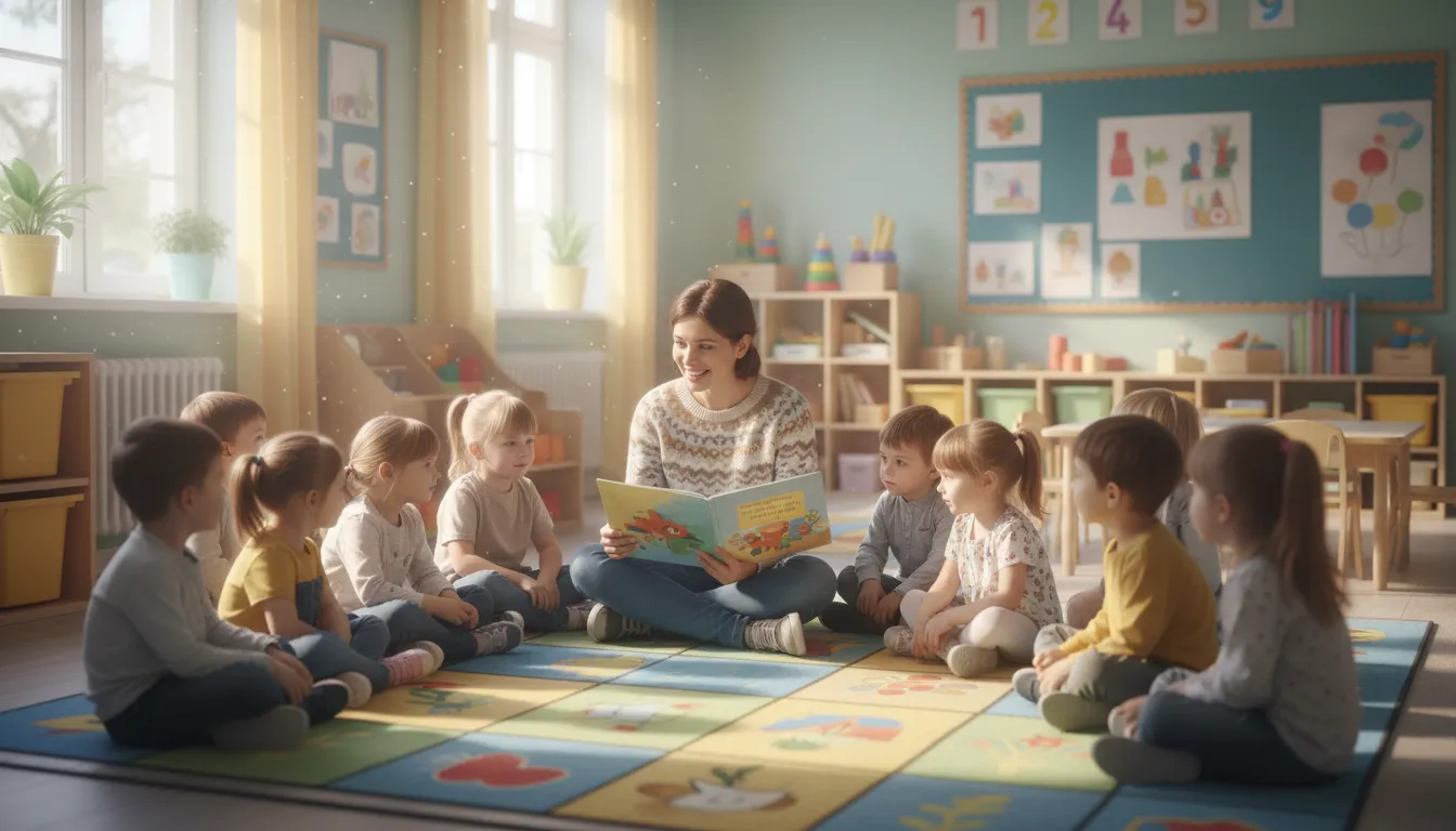 Preschool children following a calm classroom routine with their teacher