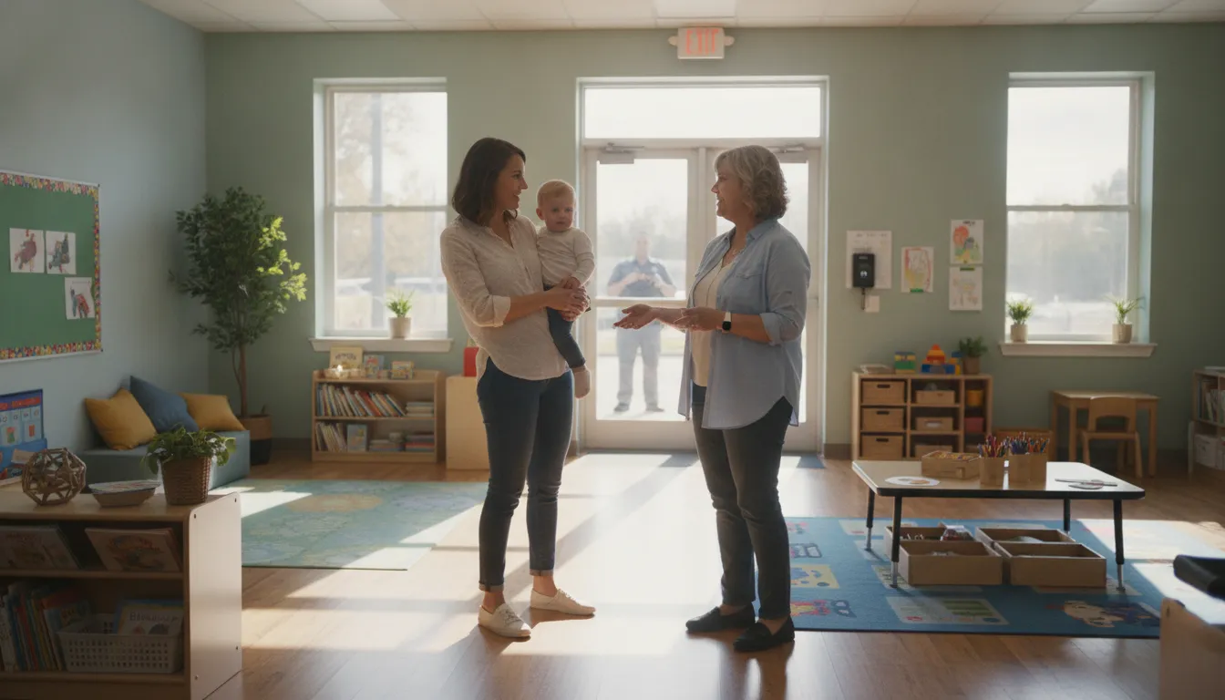 Parent using a daycare safety checklist while observing an organized early learning classroom