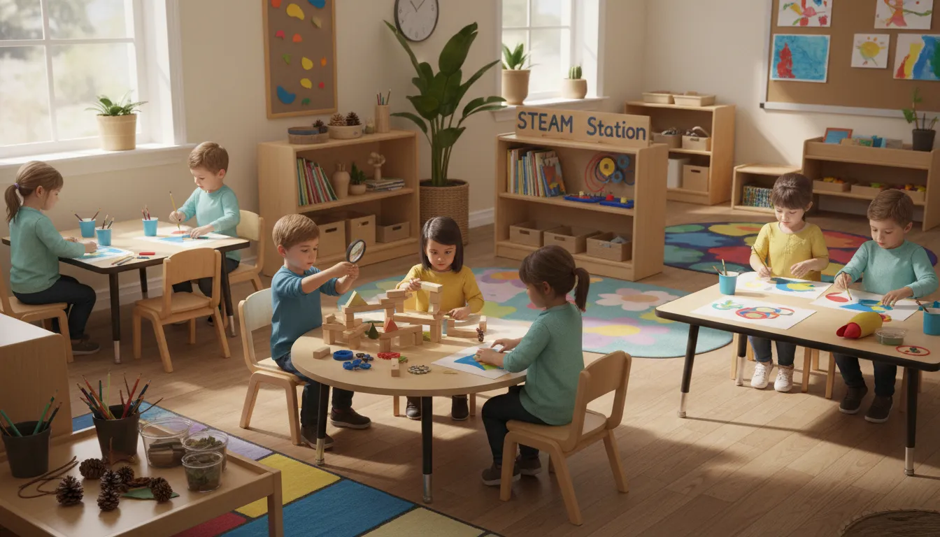Children collaborating during a hands-on STEAM curriculum preschool activity