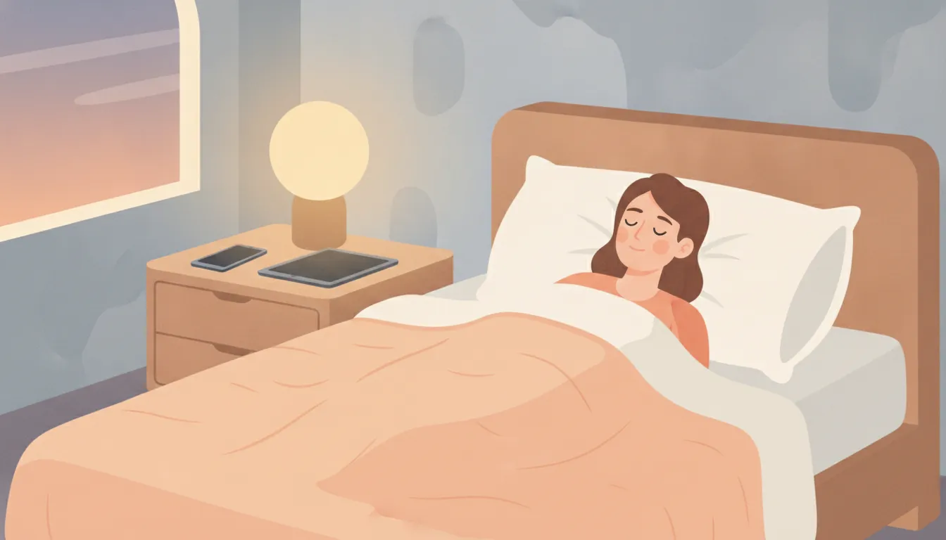 A calm evening bedroom scene with a smartphone and tablet lying dark and unused beside a softly glowing lamp, conveying restful sleep away from bright screens.
