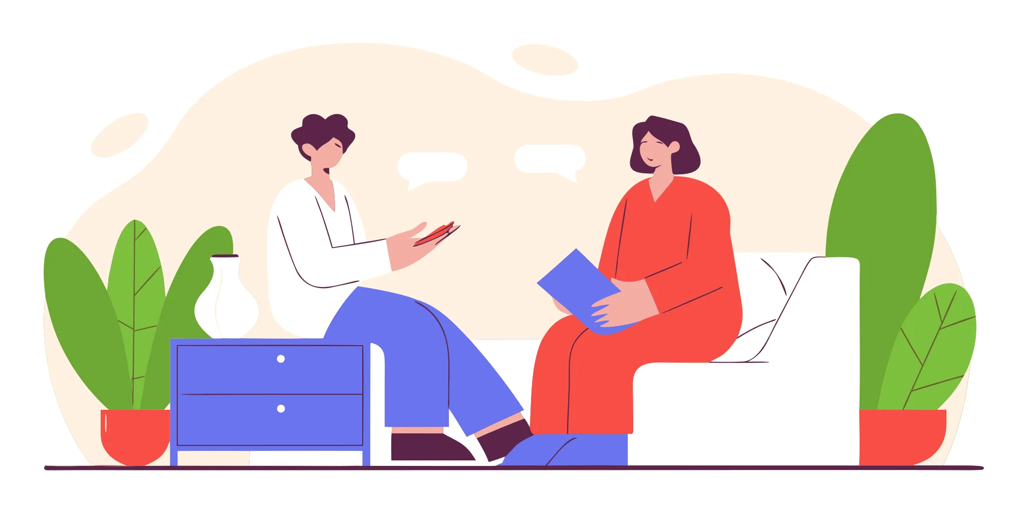 Flat illustration of a patient in a calm medical office speaking with a sleep specialist