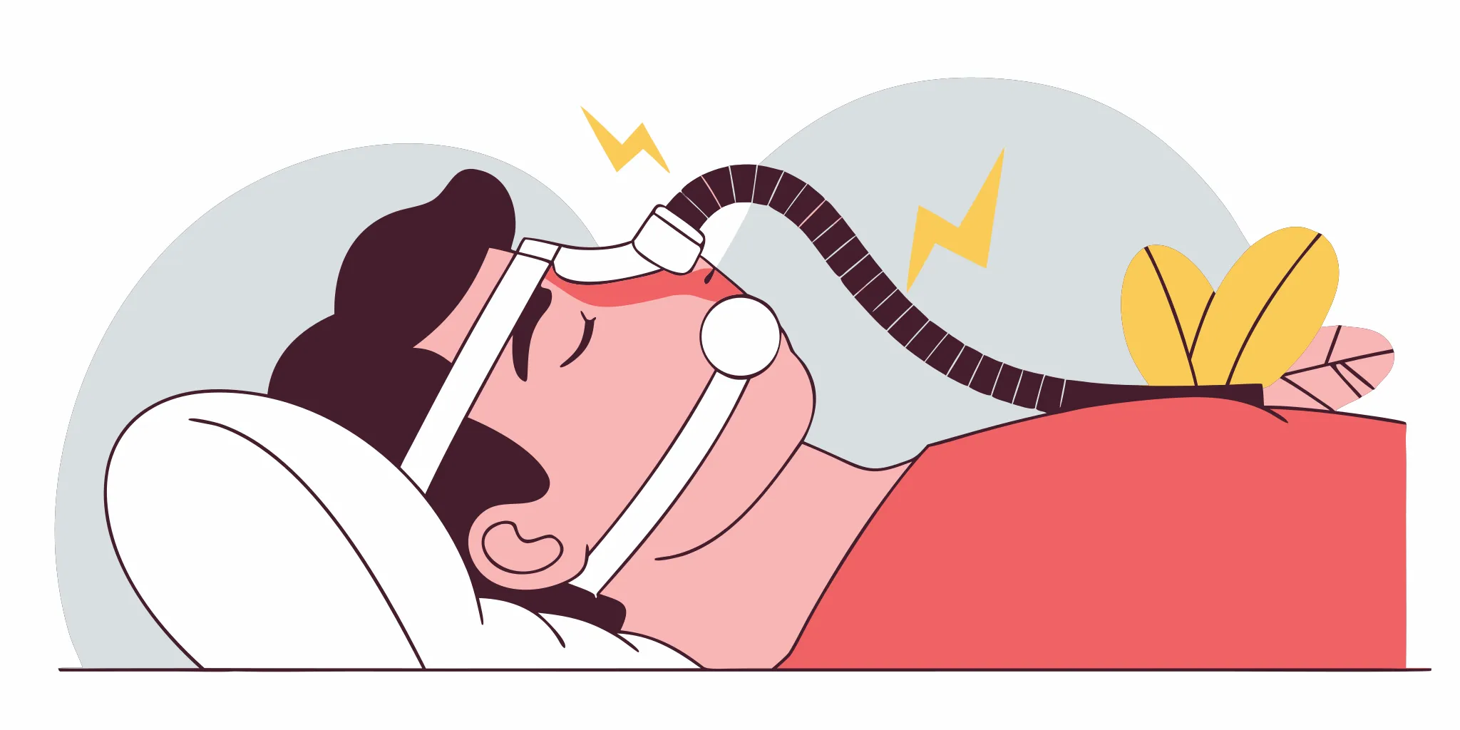 Side profile illustration of patient experiencing CPAP mask discomfort