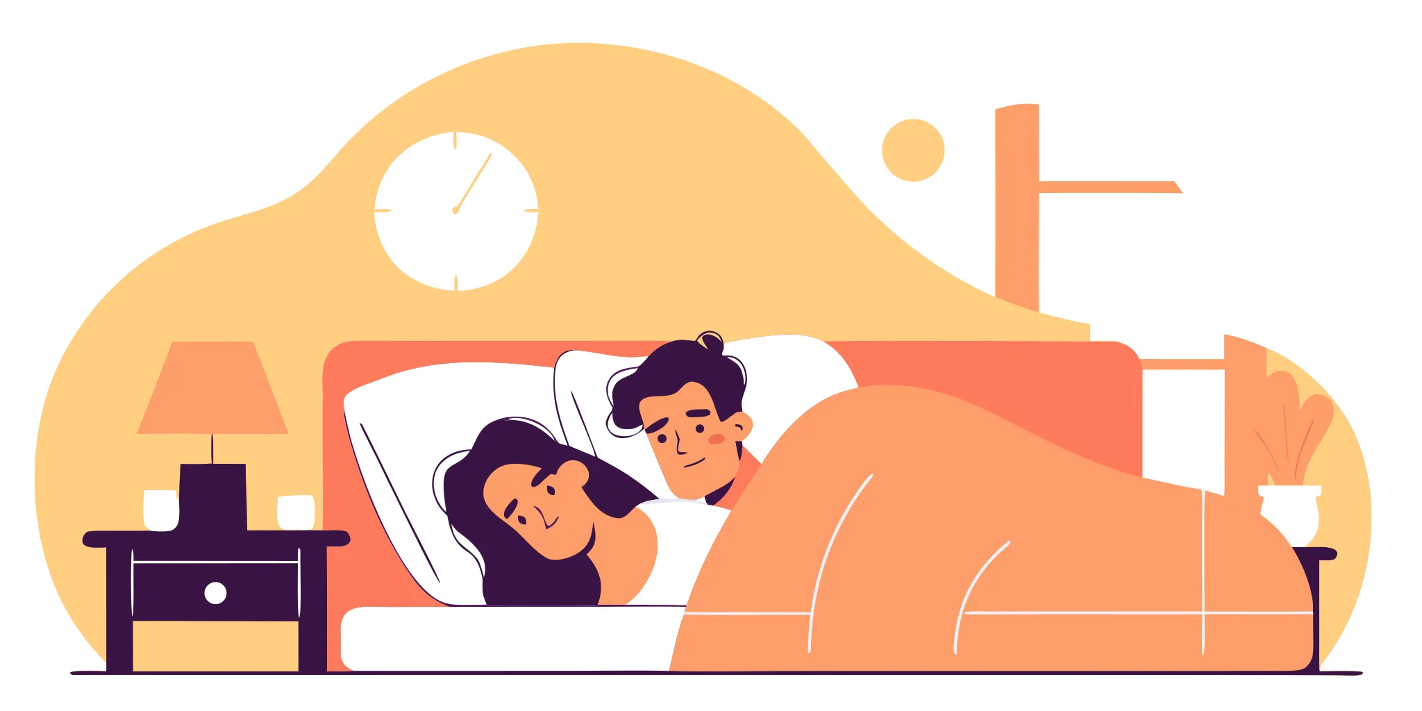 Flat illustration of a partner lying awake in bed while loud snoring disrupts sleep