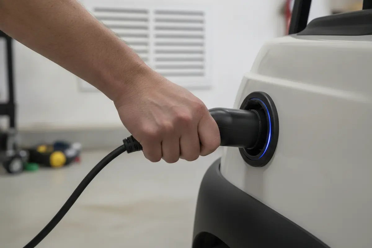A charging plug fitted into an electric golf cart receptacle
