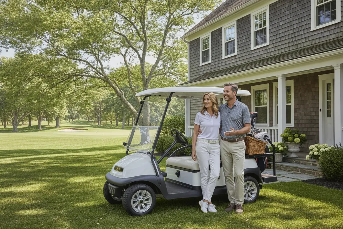 A couple considering a golf cart for neighborhood use
