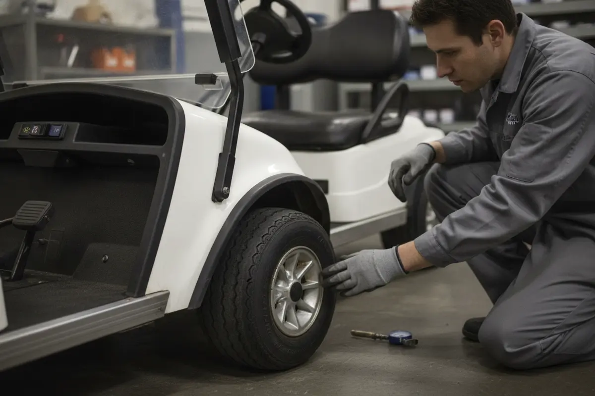 A technician checks the tires and controls of a used golf cart