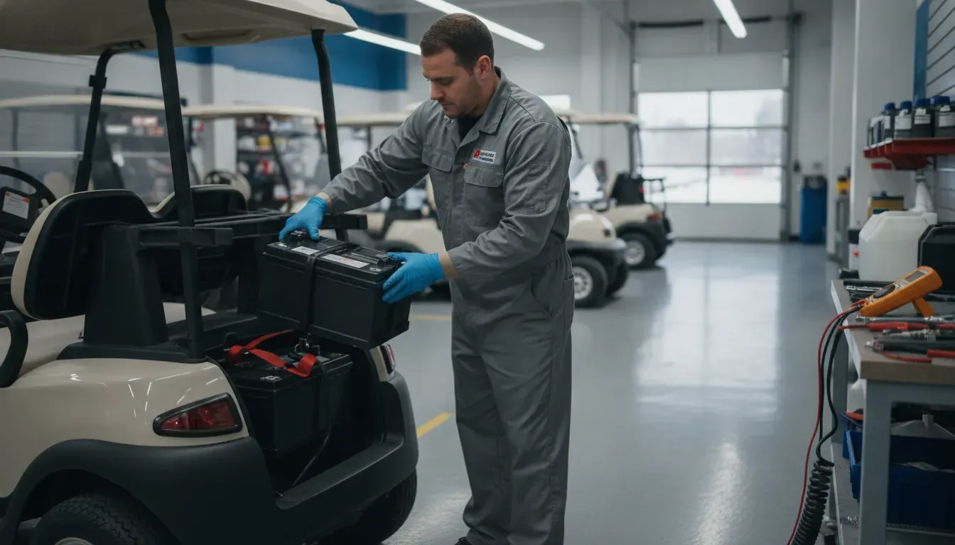 Technician installing golf cart batteries at a New England service center
