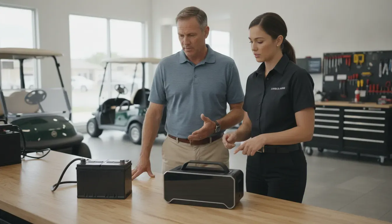 Golf cart battery options discussed with a service advisor in New England