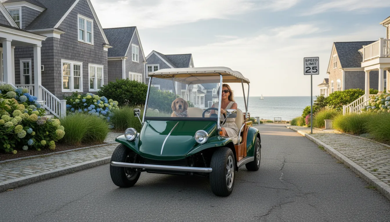 Street legal low-speed vehicle on a New England neighborhood road