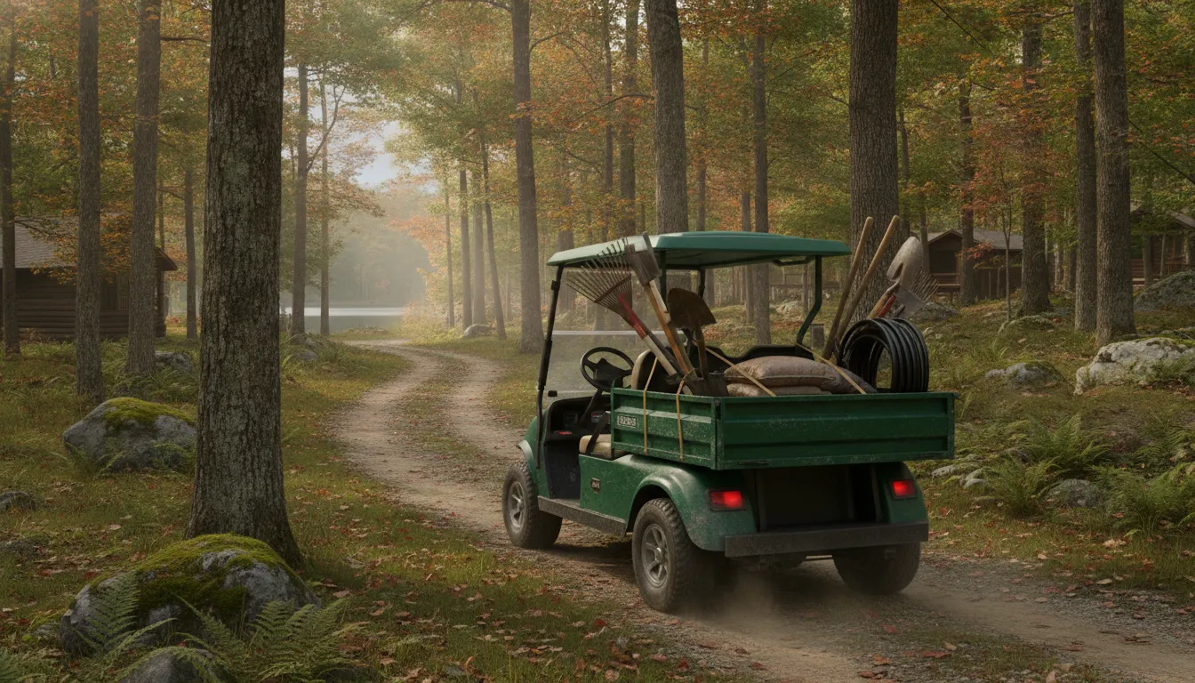 Commercial utility golf cart for campground maintenance work