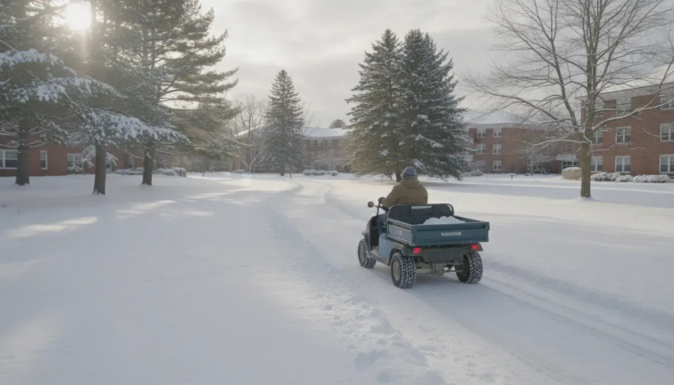 Gas utility vehicle carrying grounds equipment across a New Hampshire property